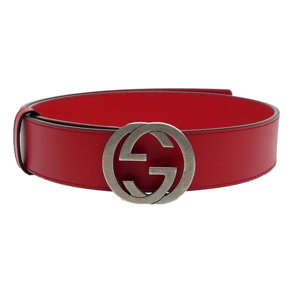 Gucci Interlocking Leather GG Buckle Antiqued Silver Tone Belt Rosso Red - Picture 2 of 4